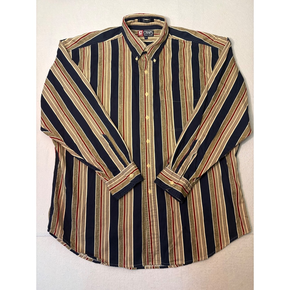 Chaps Ralph Lauren Mens XL Long Sleeve Striped Button Down Shirt Navy Tan Red - Picture 6 of 10